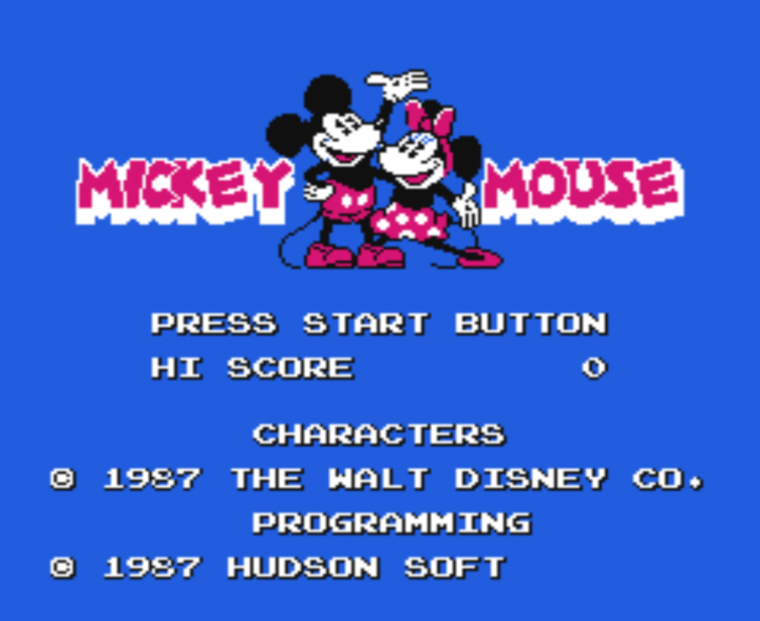 Mickey Mousecapade retro NES video game Mickey Mousecapade Disney action adventure platform gameplay cartoon characters cooperative gameplay classic console title Nintendo Entertainment System release title screen