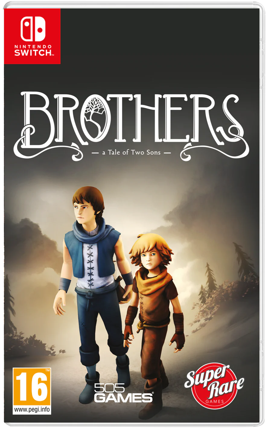 Brothers A Tale of Two Sons PAL Import Nintendo Switch inspired design featuring emotional fantasy adventure aesthetic unique dual character gameplay heartfelt storytelling beautiful world exploration environmental puzzles touching narrative journey and atmospheric presentation font cover 