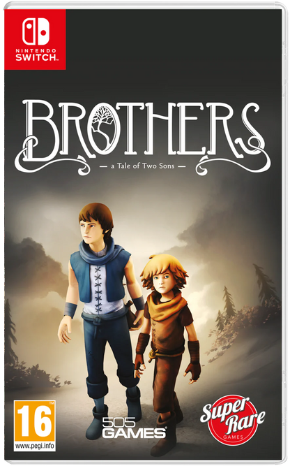 Brothers A Tale of Two Sons PAL Import Nintendo Switch inspired design featuring emotional fantasy adventure aesthetic unique dual character gameplay heartfelt storytelling beautiful world exploration environmental puzzles touching narrative journey and atmospheric presentation font cover 