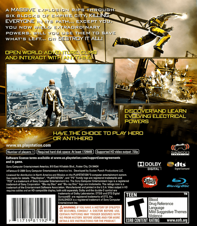 Infamous back cover art for PlayStation 3 (PS3) video game