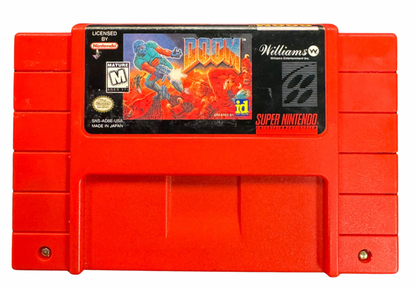 Doom Super Nintendo Entertainment System SNES video game Complete In Box CIB featuring first person shooter gameplay demon battles weapon combat dark environments challenging levels enemy encounters fast paced action and classic 16 bit Nintendo gameplay retro video game collection collectible gaming appeal cartridge