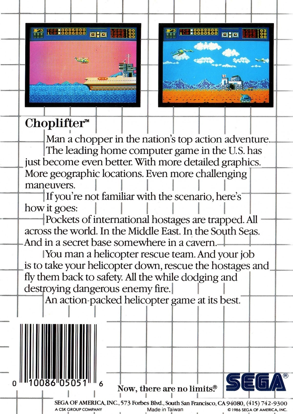 Choplifter Sega Master System SMS for arcade action video game fans featuring helicopter rescue missions side scrolling combat enemy bases military vehicles hostage rescues strategic flying challenging stages and classic Sega Master System gameplay collectible retro gaming appeal back cover art