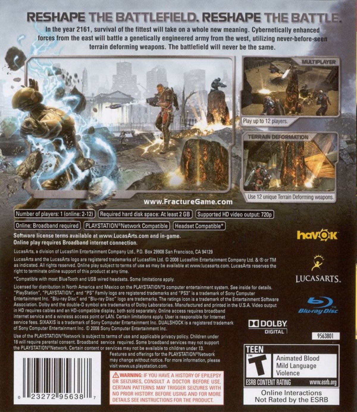 Fracture PlayStation 3 PS3 retro video game third person shooter featuring futuristic combat terrain deformation mechanics explosive weapons challenging missions sci fi action gameplay strategic environmental destruction PlayStation 3 gaming experience collectible game collection appeal back cover art