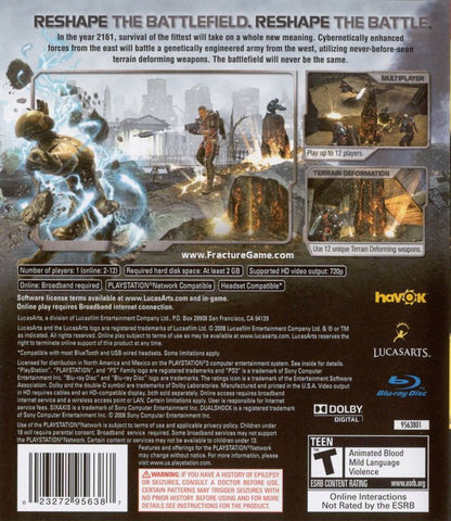Fracture PlayStation 3 PS3 retro video game third person shooter featuring futuristic combat terrain deformation mechanics explosive weapons challenging missions sci fi action gameplay strategic environmental destruction PlayStation 3 gaming experience collectible game collection appeal back cover art