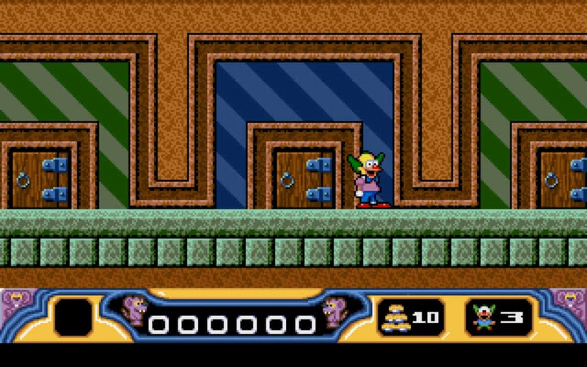 Krustys Super Fun House Super Nintendo Entertainment System SNES puzzle platformer video game Krusty the Clown The Simpsons license pest control maze building Acclaim cartoon license mice traps pie factory gameplay screenshot