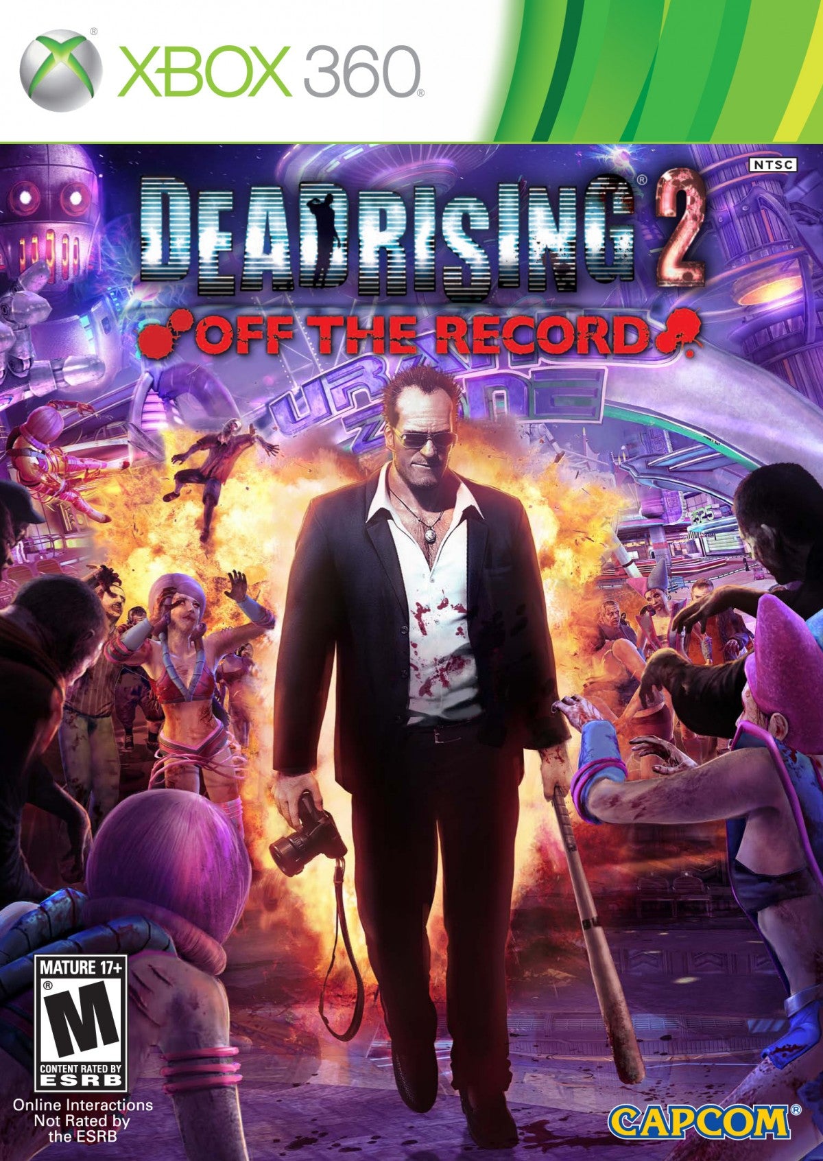 Dead Rising 2 Off the Record Xbox 360 game featuring open world zombie survival action as Frank West with sandbox gameplay combo weapons time based missions co op multiplayer and over the top undead combat by Capcom cover art