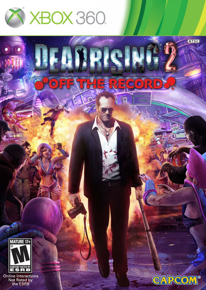 Dead Rising 2 Off the Record Xbox 360 game featuring open world zombie survival action as Frank West with sandbox gameplay combo weapons time based missions co op multiplayer and over the top undead combat by Capcom cover art