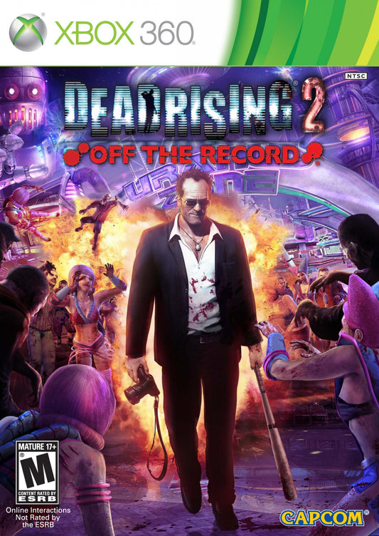 Dead Rising 2 Off the Record Xbox 360 game featuring open world zombie survival action as Frank West with sandbox gameplay combo weapons time based missions co op multiplayer and over the top undead combat by Capcom cover art