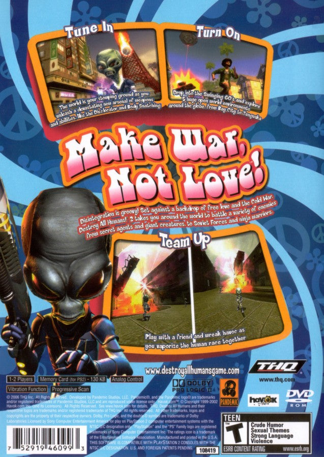 Destroy All Humans 2 PS2 Sony PlayStation 2 action adventure game open world alien invasion Crypto alien sci fi humor sandbox gameplay destruction weapons gadgets multiplayer split screen THQ Pandemic Studios PlayStation 2 software video game title back cover art