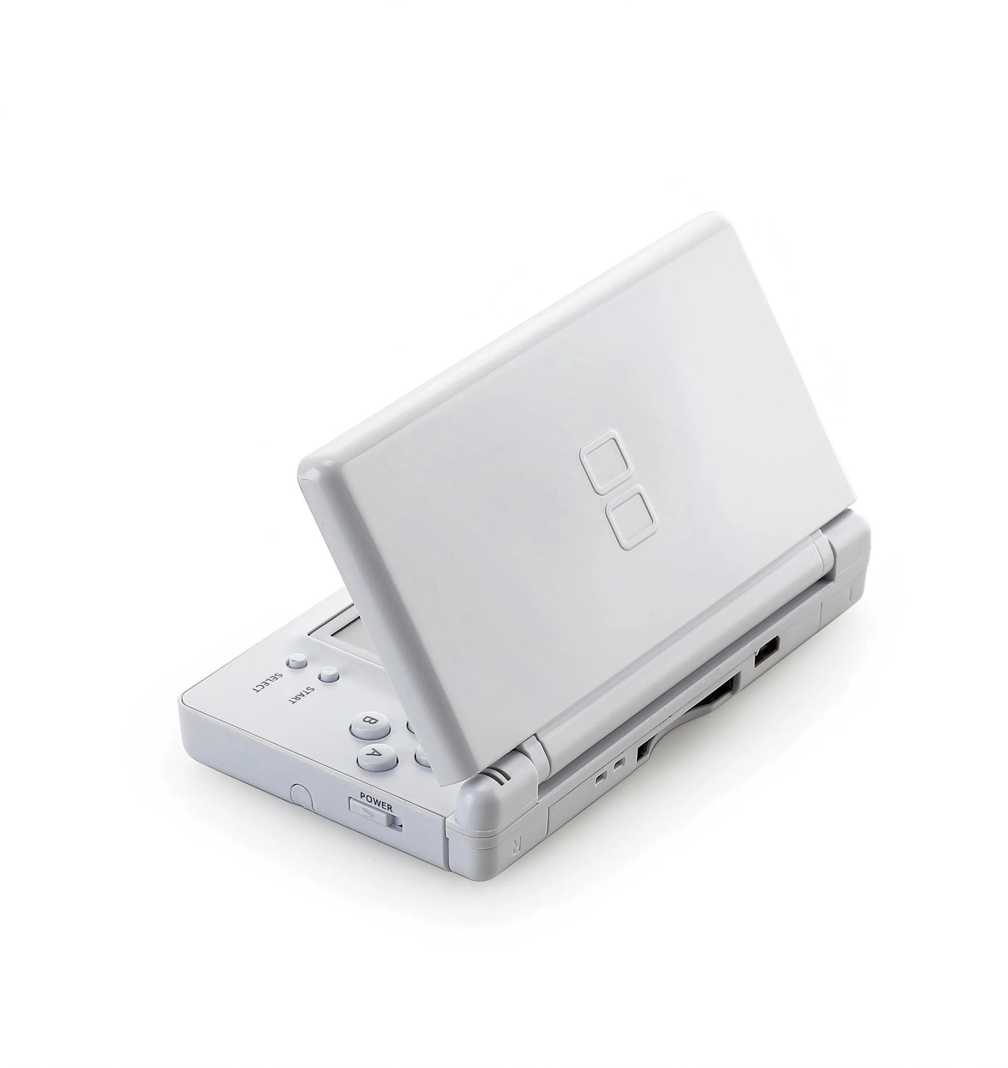 White Nintendo DS Lite console handheld gaming system featuring dual screens touch screen controls built in microphone wireless multiplayer compact foldable design backward compatibility with Game Boy Advance GBA games iconic Nintendo hardware portable gaming collectible gaming appeal