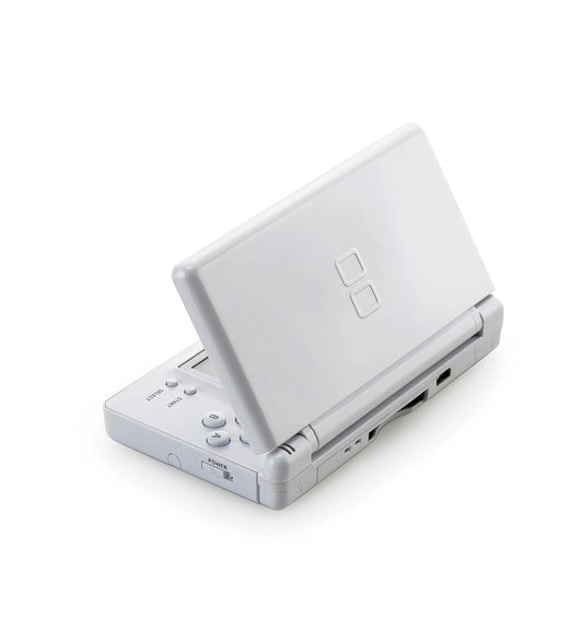 White Nintendo DS Lite console handheld gaming system featuring dual screens touch screen controls built in microphone wireless multiplayer compact foldable design backward compatibility with Game Boy Advance GBA games iconic Nintendo hardware portable gaming collectible gaming appeal