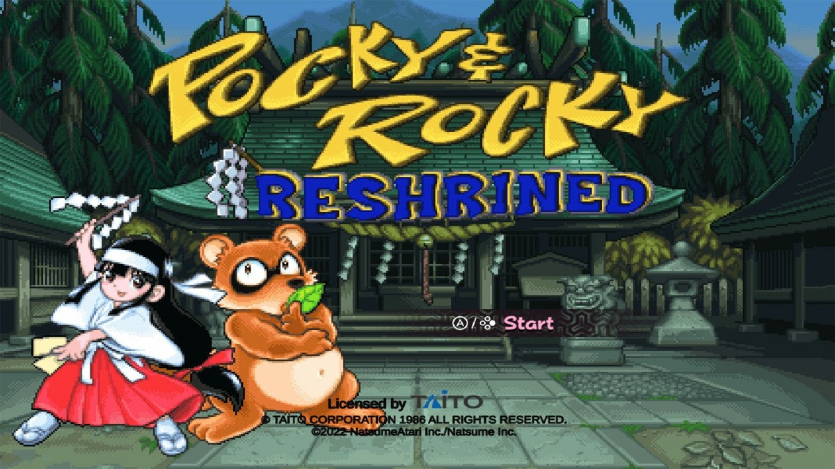 Pocky and Rocky Reshrined PAL Import Nintendo Switch NS video game featuring top down action shooter gameplay Pocky and Rocky characters yokai battles magical attacks enemy waves forest environments cooperative gameplay challenging stages PAL region import edition and classic Nintendo Switch gameplay retro video game collection collectible gaming title screen