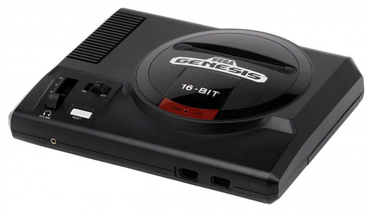Front angled view of a Sega Genesis Model 1 console showing the cartridge slot, volume slider with headphone jack, power and reset buttons, controller ports, and logo from a slight side perspective.