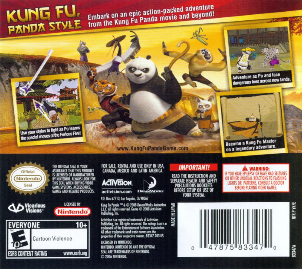 Kung Fu Panda for Nintendo DS, back of case for an action-adventure video game with martial arts combat, platforming gameplay, character-based missions, and movie-inspired storyline