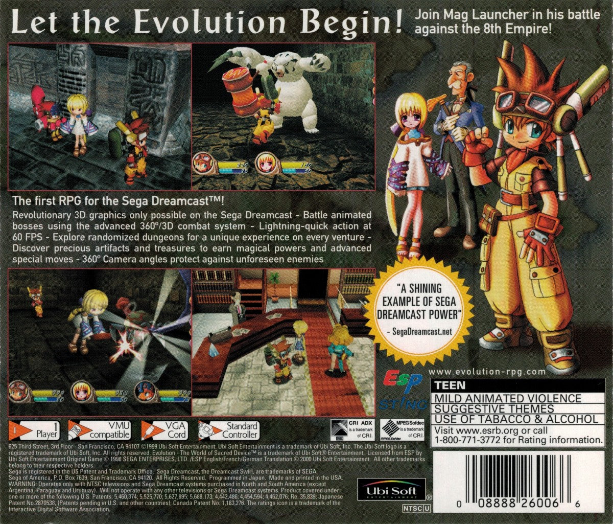 Evolution The World of Sacred Device Sega Dreamcast retro video game RPG back of case