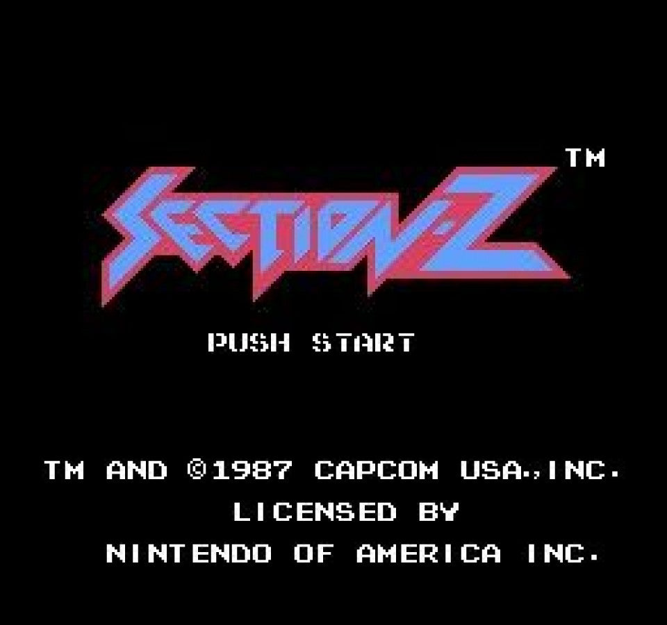 Section Z retro NES video game Section Z sci fi shooter side scrolling action space combat futuristic arcade gameplay classic console title Nintendo Entertainment System release title screen