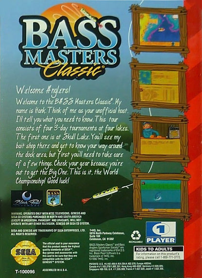 Bass Masters Classic retro Sega Genesis video game featuring competitive bass fishing gameplay, sports simulation action, tournament challenges and classic Genesis entertainment - back of case