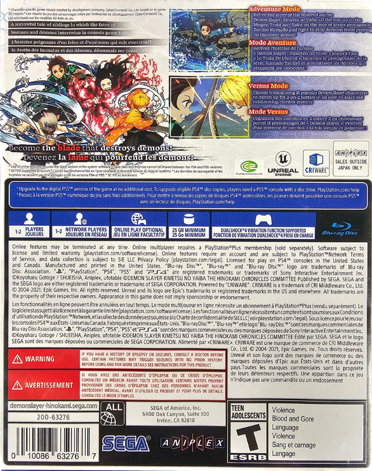 Demon Slayer The Hinokami Chronicles PlayStation 4 PS4 for anime fighting action video game fans featuring Tanjiro Kamado Nezuko Kamado Zenitsu Inosuke sword combat special attacks story mode versus battles dramatic anime visuals and fast paced Demon Slayer gameplay collectible gaming appeal back cover art