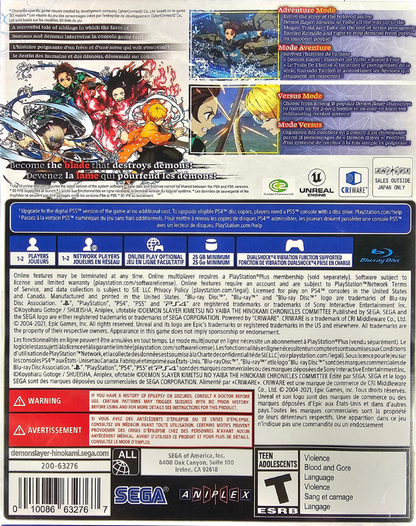 Demon Slayer The Hinokami Chronicles PlayStation 4 PS4 for anime fighting action video game fans featuring Tanjiro Kamado Nezuko Kamado Zenitsu Inosuke sword combat special attacks story mode versus battles dramatic anime visuals and fast paced Demon Slayer gameplay collectible gaming appeal back cover art