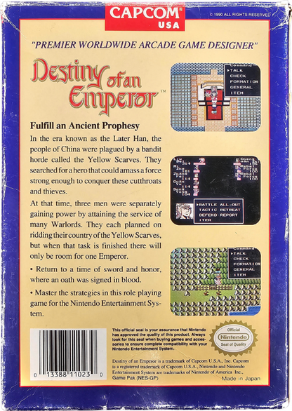 Destiny of an Emperor Nintendo Entertainment System NES video game Complete In Box CIB featuring strategy role playing gameplay ancient China adventure historical warfare character recruitment army management tactical battles and classic 8 bit Nintendo gameplay retro video game collection collectible gaming appeal back cover art