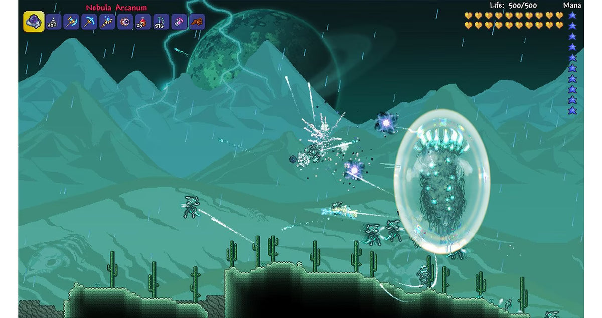 Terraria Xbox 360 X360 sandbox adventure game featuring 2D exploration crafting building mining resource gathering weapon crafting boss battles and procedurally generated worlds retro video game collection collectible gaming appeal gameplay screenshot
