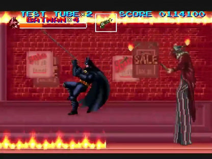 Batman Returns cartridge for the Super Nintendo Entertainment System featuring side scrolling beat em up gameplay with cinematic action as Batman battles the Penguin and Gotham City criminals based on the movie gameplay