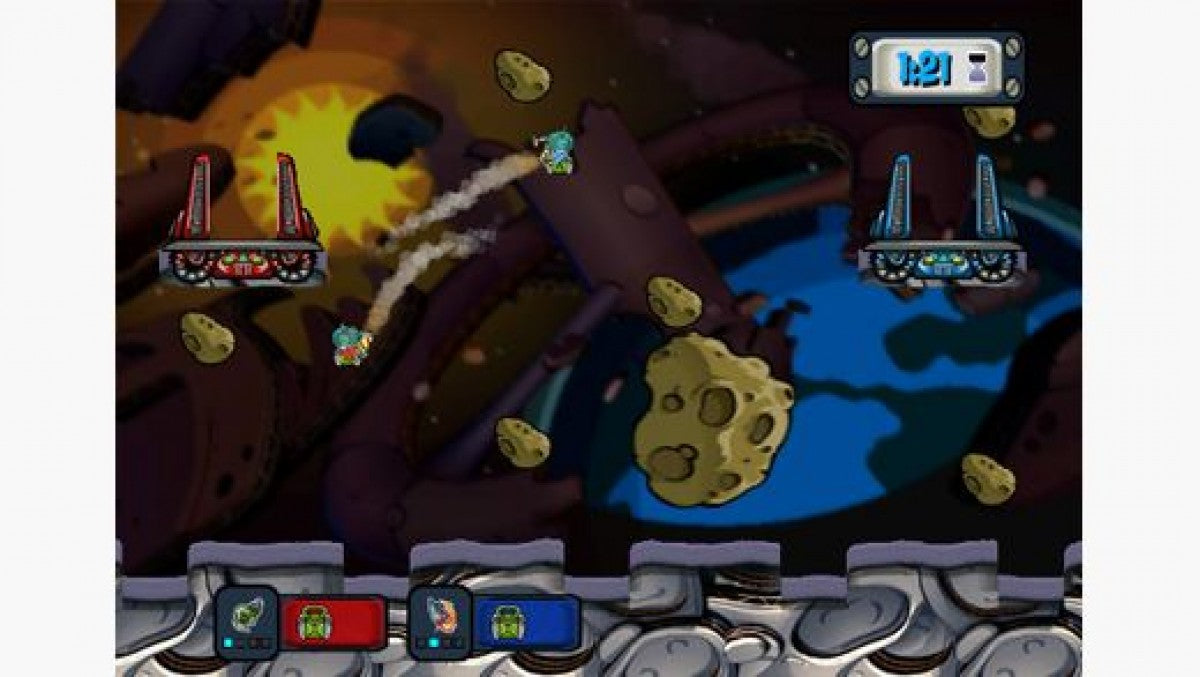 Worms: A Space Oddity gameplay for Nintendo Wii (Wii) featuring turn‑based artillery combat with quirky worm characters, new space‑themed weapons, and destructible intergalactic battlefields