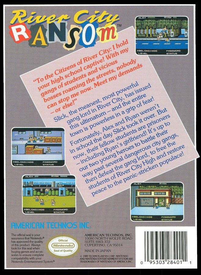 River City Ransom cartridge for the Nintendo Entertainment System featuring retro 8 bit beat em up action with street fighting gameplay character upgrades and open world exploration across River City back cover art