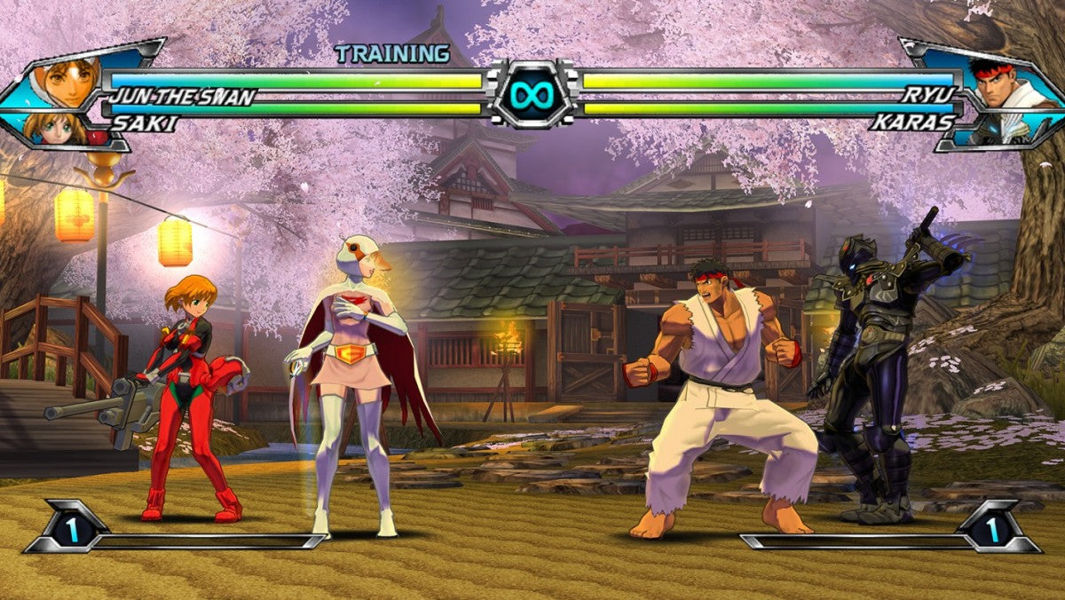 Retro Tatsunoko vs Capcom Wii inspired design featuring crossover anime fighting game aesthetic classic arcade style combat Capcom heroes versus Tatsunoko characters fast paced tag battles cel shaded visuals nostalgic Nintendo Wii action presentation gameplay