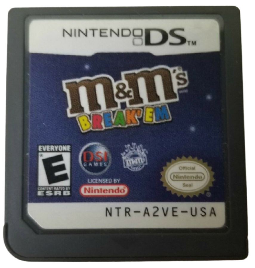 M&M’s Break’Em Nintendo DS video game, puzzle action gameplay, candy-themed adventure, family-friendly handheld console title cartridge