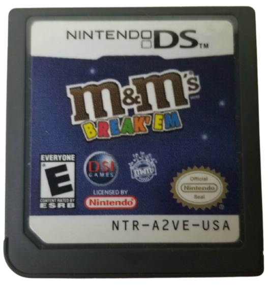 M&M’s Break’Em Nintendo DS video game, puzzle action gameplay, candy-themed adventure, family-friendly handheld console title cartridge