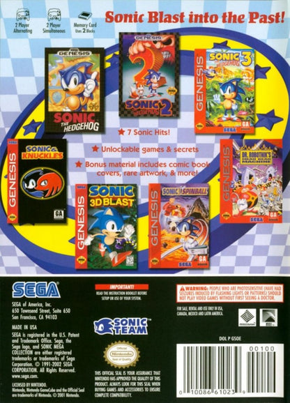 Sonic Mega Collection GameCube GC video game, classic Sonic the Hedgehog compilation, retro platformer collection, Nintendo GameCube title back cover art