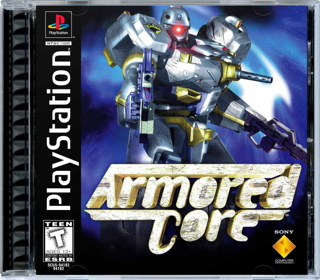 Armored Core PS1 PlayStation 1 mech combat action simulation game customizable robots sci fi battles mission based gameplay retro video game cover art