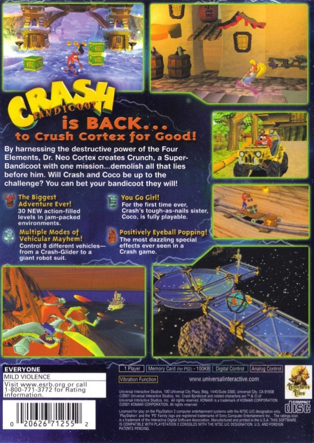 Crash Bandicoot The Wrath of Cortex disc for the PlayStation 2 featuring 3D platforming gameplay with colorful levels spinning attacks boss battles and classic Crash Bandicoot action across varied environments back cover art