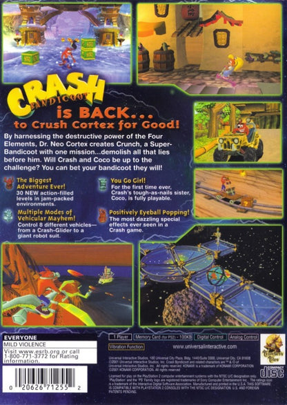 Crash Bandicoot The Wrath of Cortex disc for the PlayStation 2 featuring 3D platforming gameplay with colorful levels spinning attacks boss battles and classic Crash Bandicoot action across varied environments back cover art