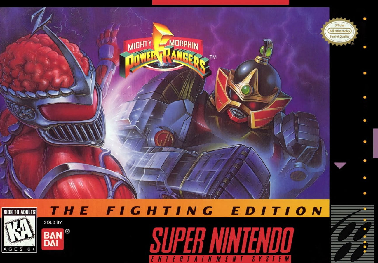 Mighty Morphin Power Rangers The Fighting Edition for Super Nintendo fighting game featuring Rangers and giant Zords arcade style battles versus mode and special attacks based on the TV series cover art 
