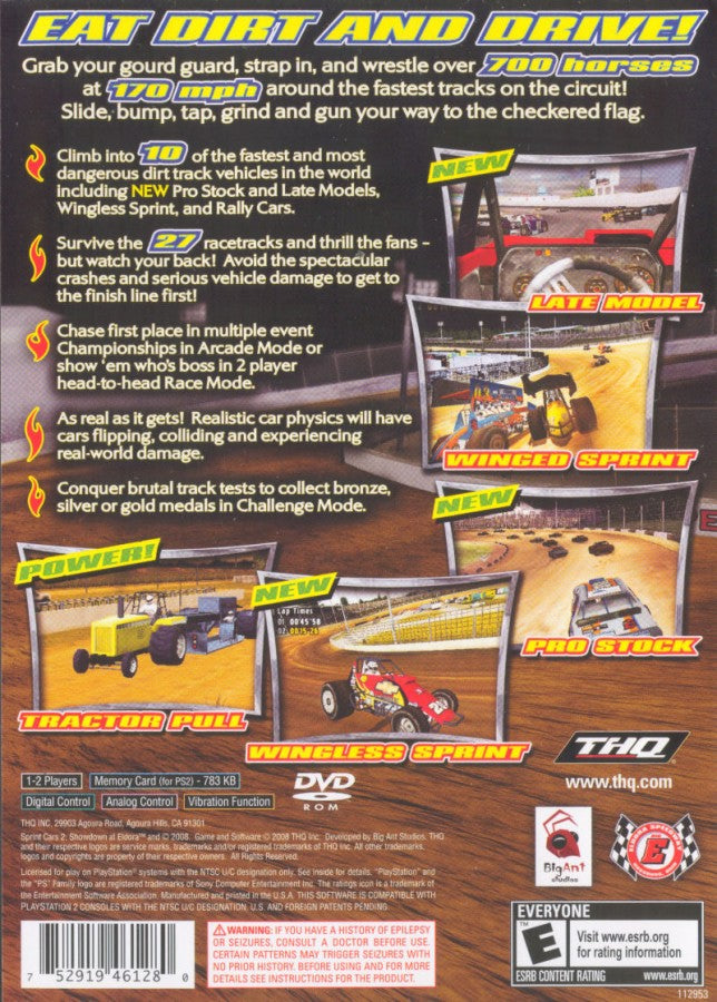 Sprint Cars 2 Showdown at Eldora for the PlayStation 2 featuring dirt track racing gameplay high speed sprint car competition realistic handling and competitive racing action at Eldora Speedway back cover art