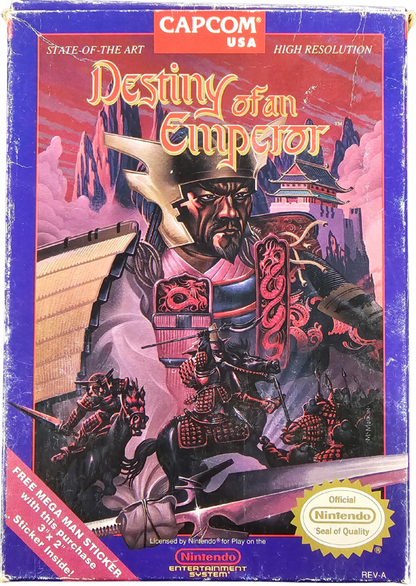 Destiny of an Emperor Nintendo Entertainment System NES video game Complete In Box CIB featuring strategy role playing gameplay ancient China adventure historical warfare character recruitment army management tactical battles and classic 8 bit Nintendo gameplay retro video game collection collectible gaming appeal front cover art