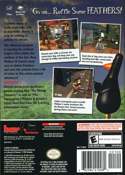 Back cover for Wallace & Gromit in Project Zoo GameCube GC video game, puzzle adventure, family-friendly, cartoon-based gameplay, multiplayer, Nintendo GameCube title