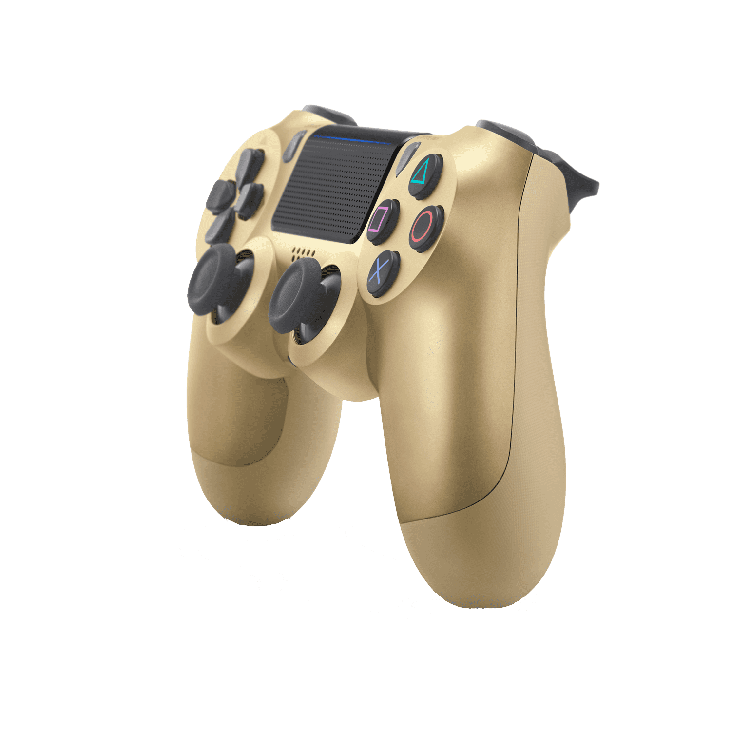 Gold Sony DualShock 4 wireless controller for PlayStation 4 featuring touchpad, light bar, and ergonomic design