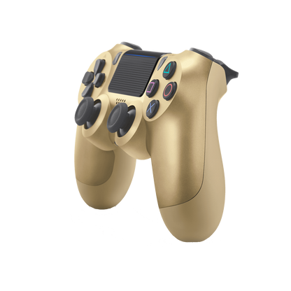 Gold Sony DualShock 4 wireless controller for PlayStation 4 featuring touchpad, light bar, and ergonomic design
