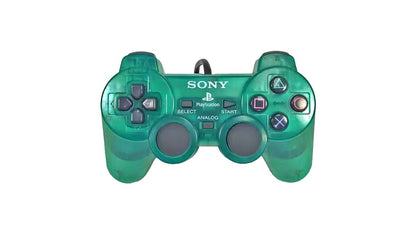 PlayStation 2 DualShock 2 controller in Clear Green official Sony accessory wired analog pressure-sensitive buttons vibration feedback PS2 console compatible clear front panel