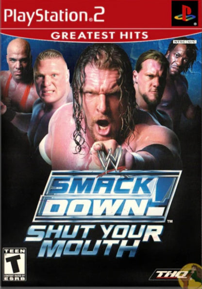 Retro WWE SmackDown Shut Your Mouth Greatest Hits PS2 inspired design featuring classic wrestling entertainment aesthetic vintage PlayStation 2 arena combat superstar roster grappling strikes entrances storyline mode sports entertainment chaos nostalgic WWE wrestling game presentation - cover art