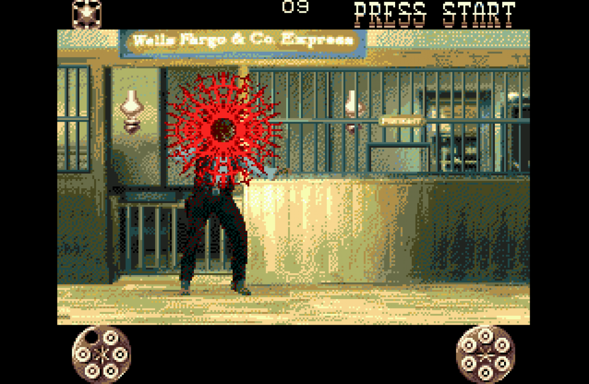 Lethal Enforcers II Gun Fighters Sega CD Sega CD light gun shooter western themed arcade shooting cowboy outlaws train robberies GunCon style aiming Konami FMV style presentation cooperative arcade gameplay retro gaming Sega CD software video game title gameplay