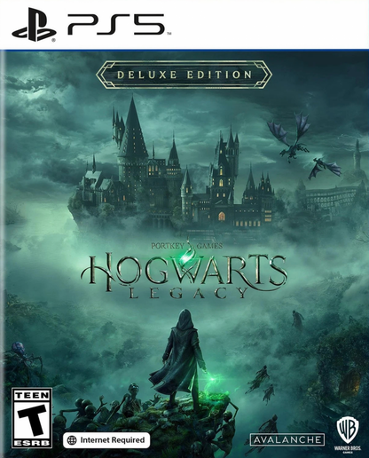 Hogwarts Legacy [Deluxe Edition] for PlayStation 5 (PS5) at Gamers INC, featuring the ultimate wizarding world experience with 72-hour early access, the Dark Arts Pack including the Thestral Mount, Dark Arts Battle Arena, and Dark Arts Cosmetic Set, plus an immersive open-world RPG adventure where you define your legacy at Hogwarts in the 1800s front cover