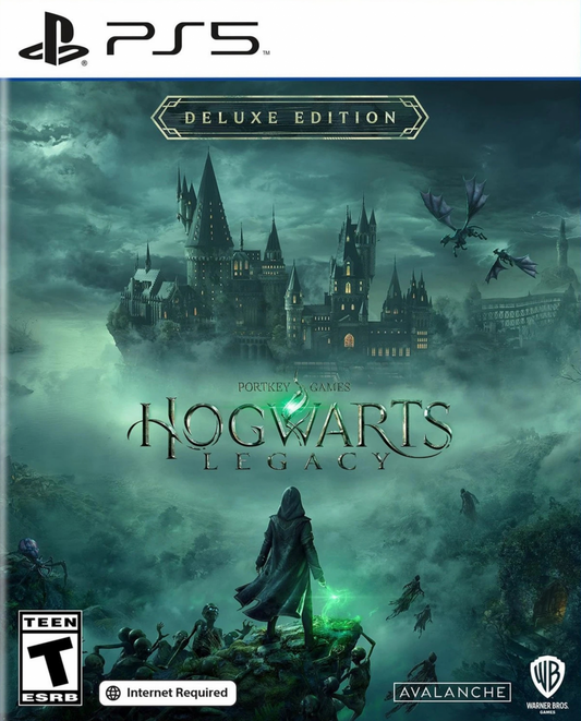 Hogwarts Legacy [Deluxe Edition] for PlayStation 5 (PS5) at Gamers INC, featuring the ultimate wizarding world experience with 72-hour early access, the Dark Arts Pack including the Thestral Mount, Dark Arts Battle Arena, and Dark Arts Cosmetic Set, plus an immersive open-world RPG adventure where you define your legacy at Hogwarts in the 1800s front cover
