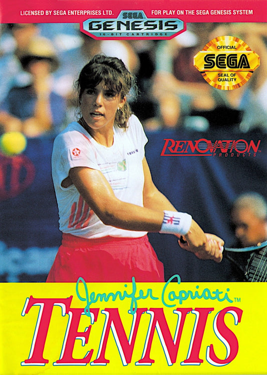 Jennifer Capriati Tennis game for the Sega Genesis featuring arcade style tennis gameplay with fast paced matches singles and doubles modes simple controls and competitive tournament style play starring tennis themed branding around Jennifer Capriati front cover 