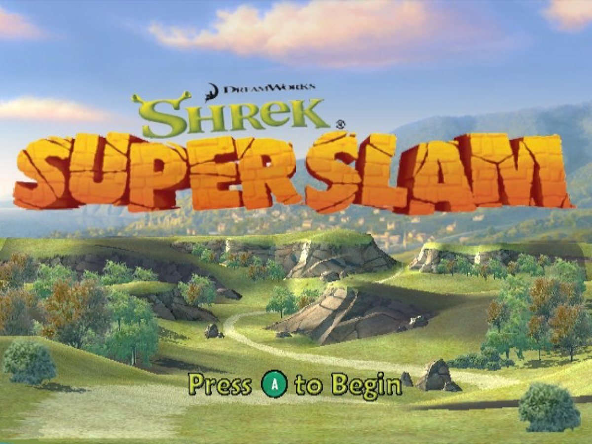 Shrek SuperSlam start screen for Nintendo GameCube (GC) multiplayer fighting video game