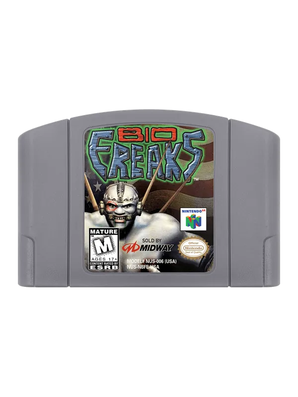 Biofreaks Nintendo 64 N64 video game featuring 3D fighting gameplay futuristic mutant characters weapon based combat special attacks arena battles character matchups and classic 64 bit Nintendo gameplay retro video game collection collectible gaming appeal game cartridge