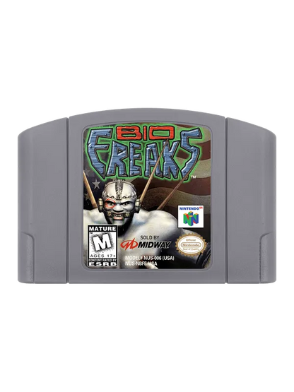 Biofreaks Nintendo 64 N64 video game featuring 3D fighting gameplay futuristic mutant characters weapon based combat special attacks arena battles character matchups and classic 64 bit Nintendo gameplay retro video game collection collectible gaming appeal game cartridge